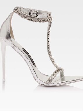 Silver Metallic Braided T-Strap Stiletto Sandal - Women